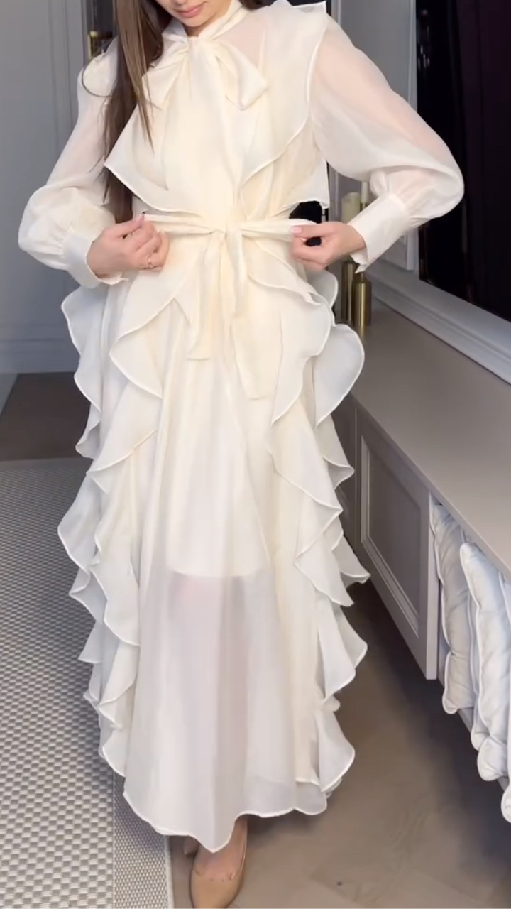 White Sheer Ruffled Tie‐Waist Maxi Dress