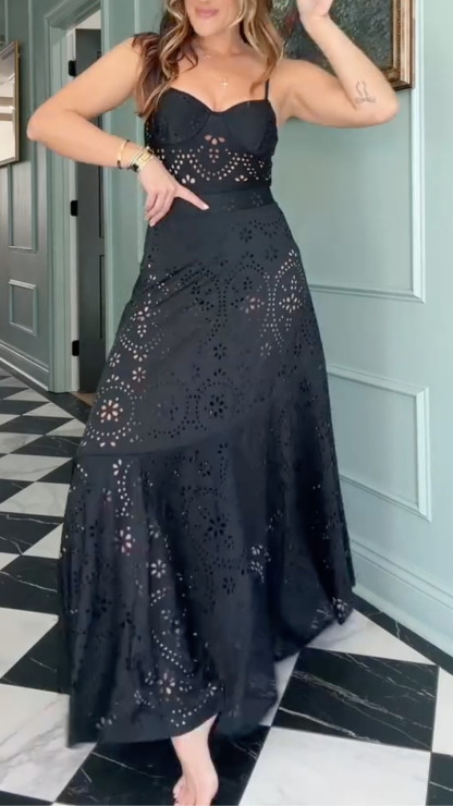 Women's Laser-Cut Openwork Underwire One-Piece Swimsuit & High-Waisted Wrap Skirt Set