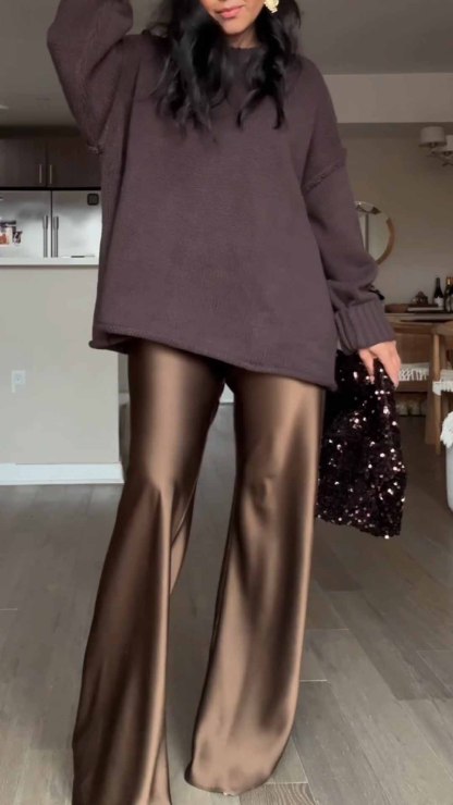 Chocolate Brown Oversized Sweater with Satin Wide - Leg Pants Set