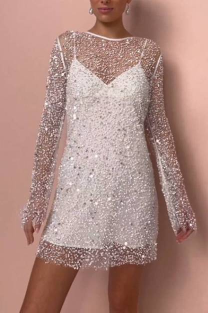 Sparkling Sequin Mesh Long-Sleeve Short Evening Dress