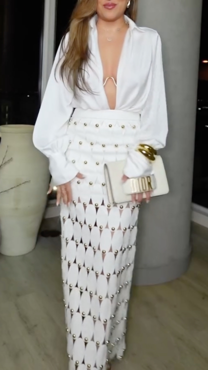 Women's White Deep V-Neck Shirt & Studded Cutout Long Skirt Set