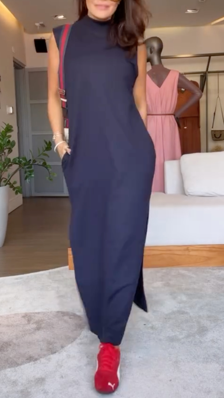 Navy High‐Neck Sleeveless Slit Midi Dress