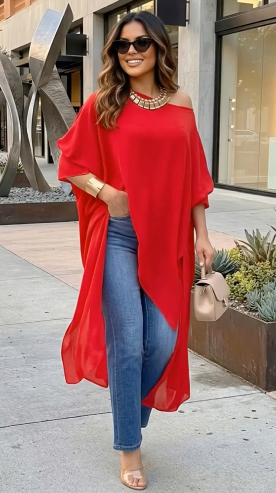 Off‐Shoulder Sheer Long Tunic