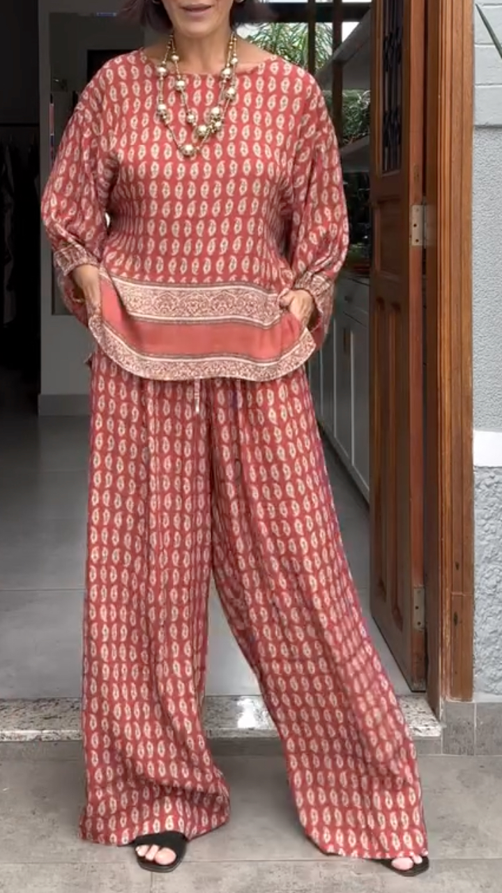 Print Batwing Sleeve Top & Wide Leg Pants Co‐Ord Set