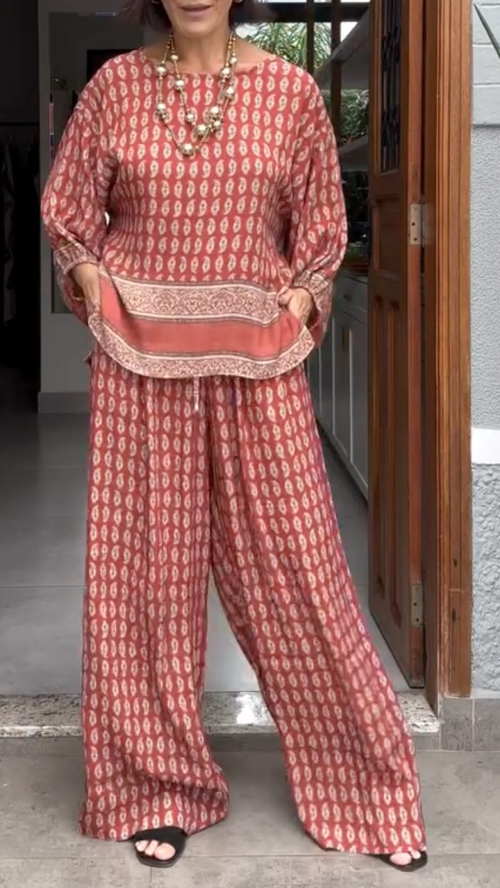 Print Batwing Sleeve Top & Wide Leg Pants Co‐Ord Set