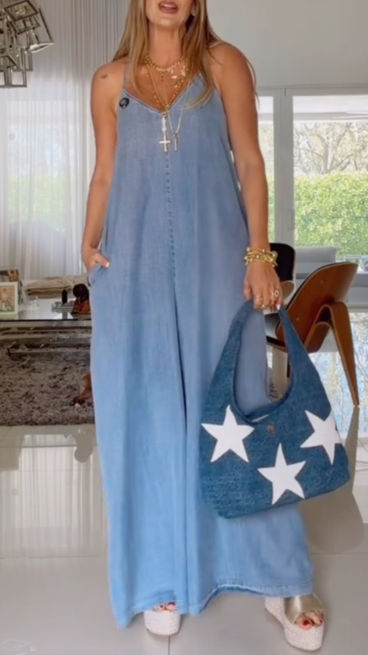 V-Neck Halter Top Tencel Denim Casual Jumpsuit