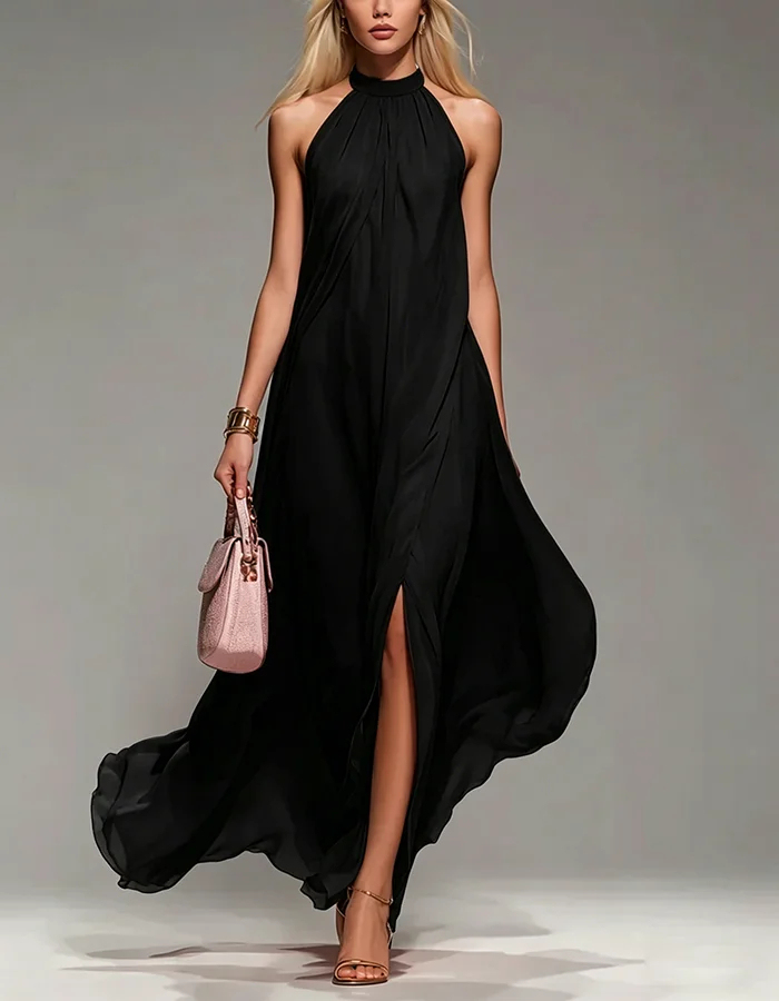 Halter Sleeveless Slit Chiffon Maxi Dress
