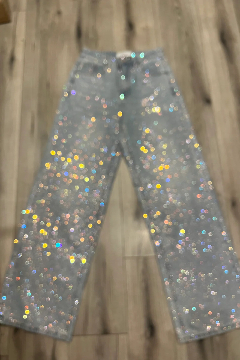 Rhinestone Embellished High Waist Wide Leg Straight Denim Jeans