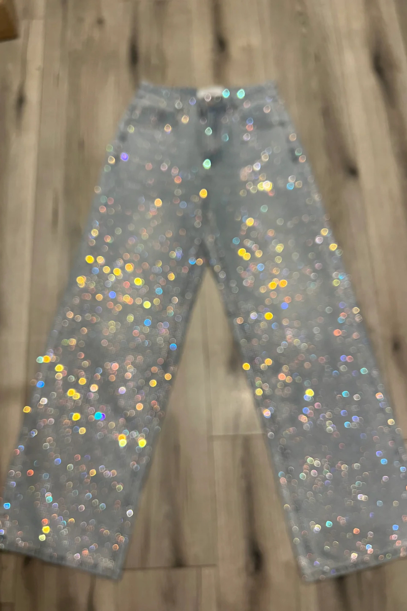 Rhinestone Embellished High Waist Wide Leg Straight Denim Jeans