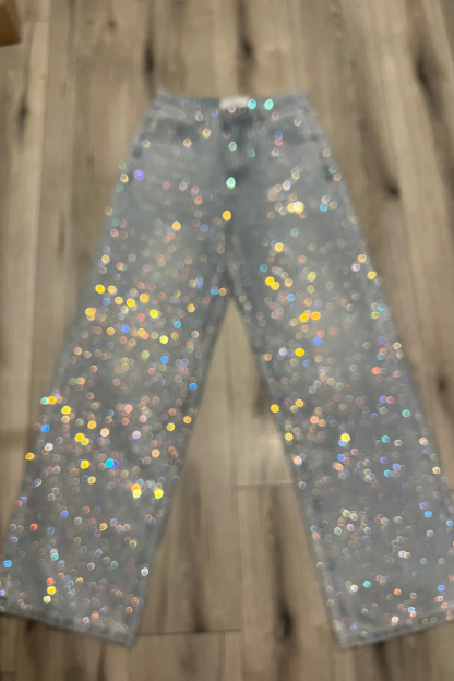 Rhinestone Embellished High Waist Wide Leg Straight Denim Jeans