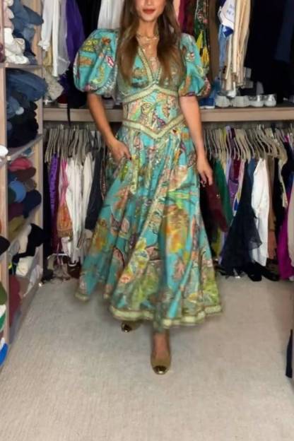 Retro V-neck Puff Sleeve Floral Print Midi Dress