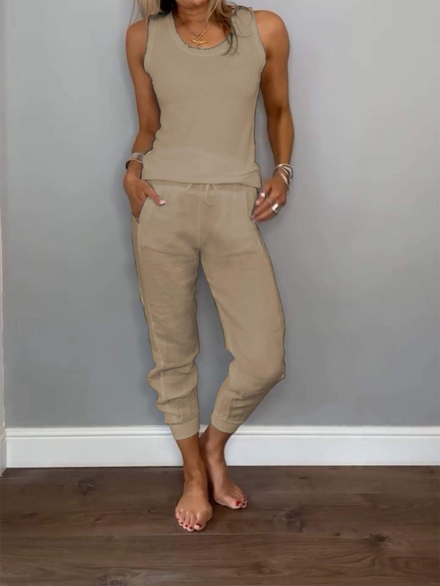 Conjunto Feminino Casual de Algodão e Linho de Duas Peças