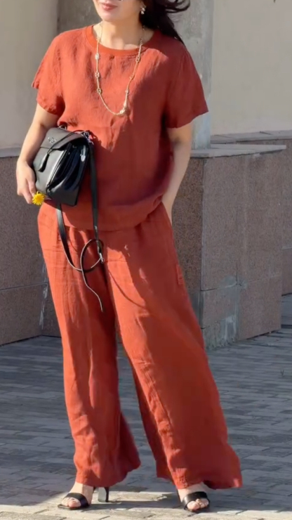 Rust Linen Short Sleeve Casual Two Piece Set