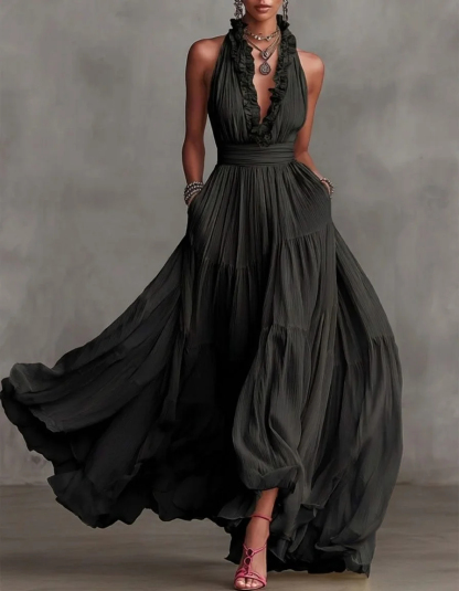 Ruffle Halter Pleated Flowy Maxi Dress