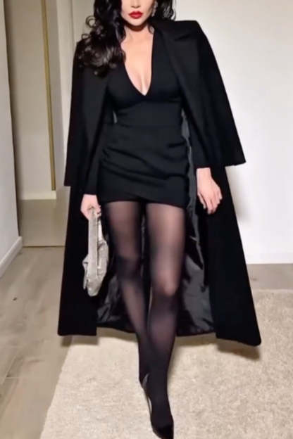 Dark Style Suit Collar Deep V Slim Fit Long Sleeve Mini Dress