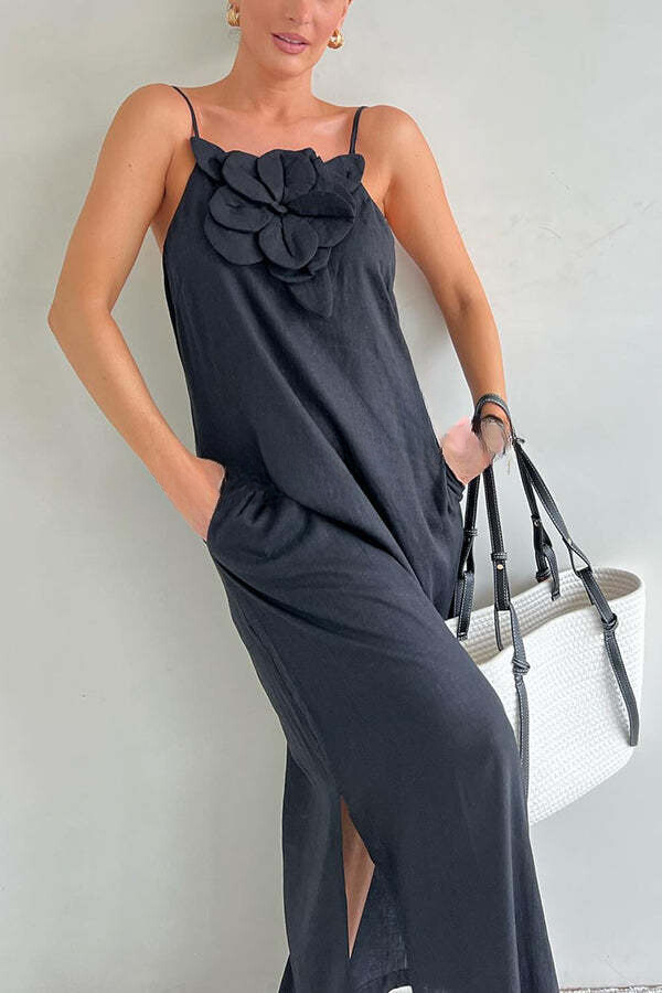 Floral Embellishment Pocketed Slit Maxi Dress