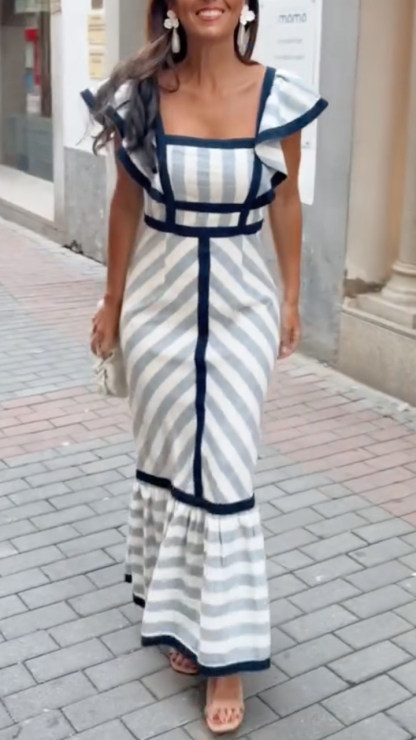 Women's Retro Striped Square Neck Flutter Sleeve Vacation-Style Dress