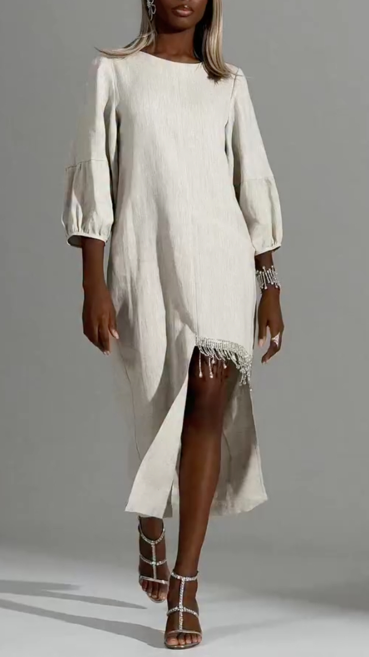 Beige Linen Fringe‐Slit Midi Dress
