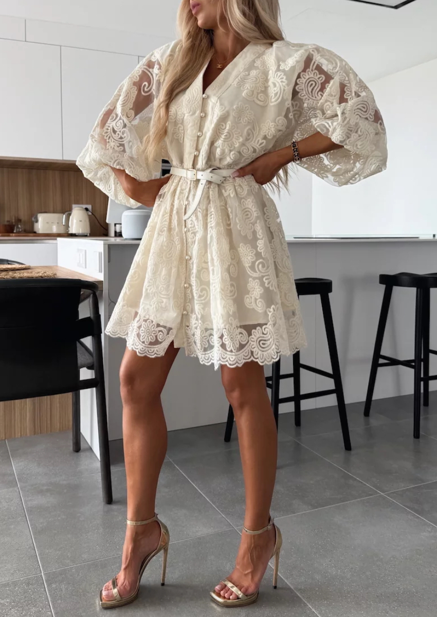 Women's Beige V-Neck Puff Sleeve Lace Embroidered Belted Mini Dress