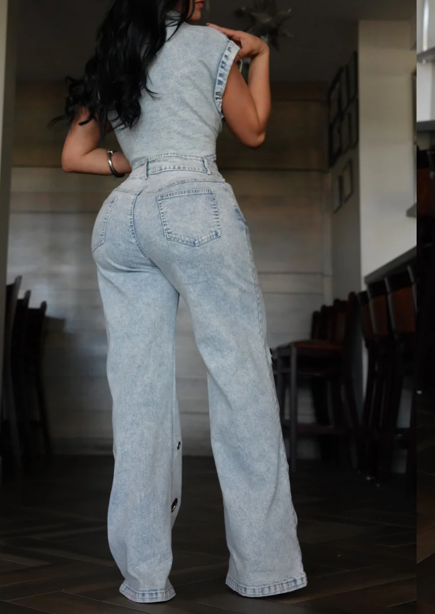 Women's Sleeveless Collared Denim Eyelet Two-Piece Set