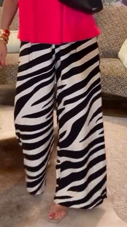 Zebra Print High Waist Pleated Wide Leg Casual Pants