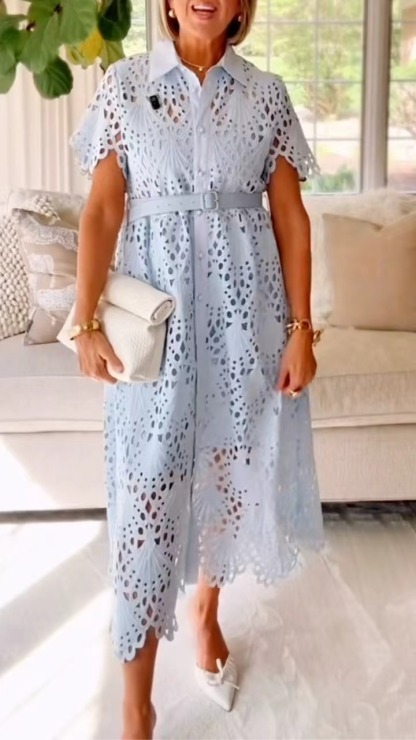 Light Blue Eyelet Lace Shirt Dress