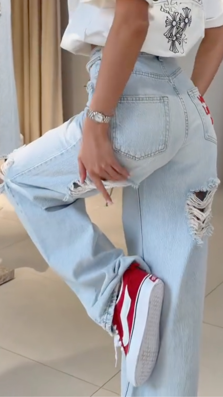 Light Wash Distressed Drawstring Baggy Jeans