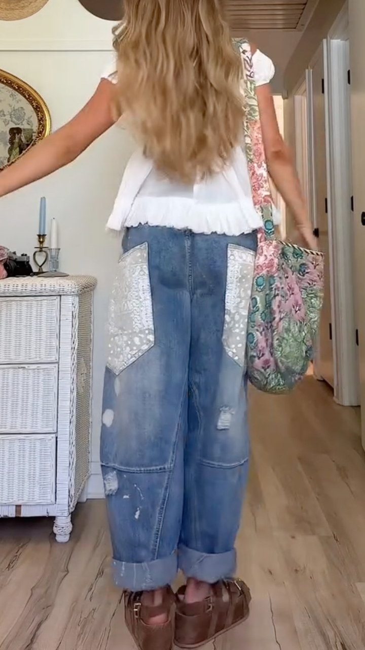 Short‐Sleeve Top & Distressed Patchwork Denim Jeans Co‐Ord Set