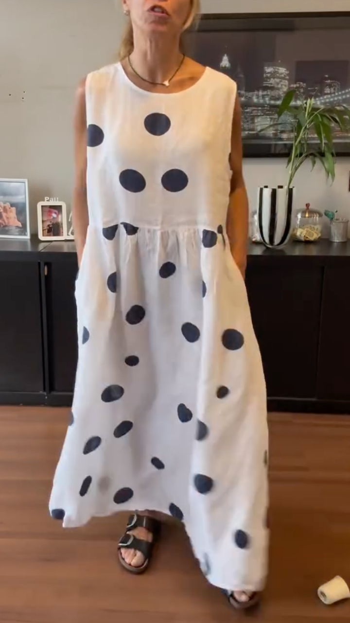 Women's Round Neck Cotton Linen Polka Dot Print Casual Dress