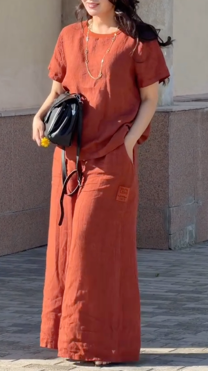 Rust Linen Short Sleeve Casual Two Piece Set