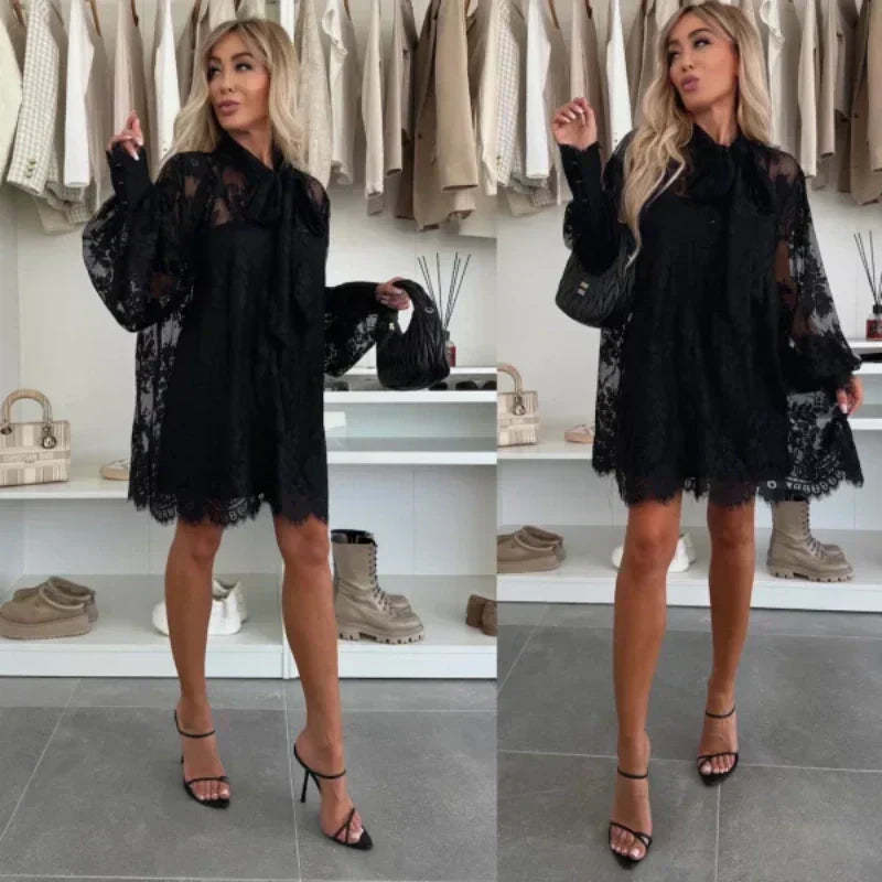 💖Limited Sale 50% OFF💖Lace Mini Dress with Bow Tie Neck