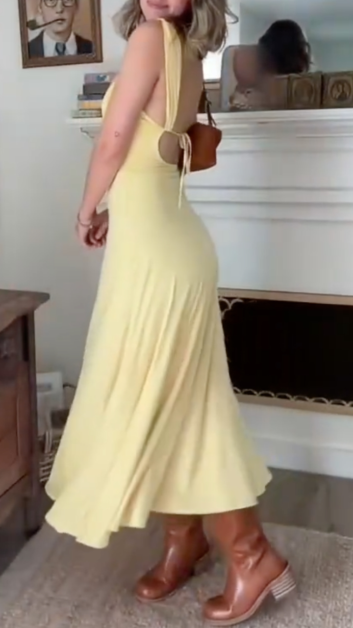 Yellow Sweetheart Neck Ruched Sleeveless Midi Dress