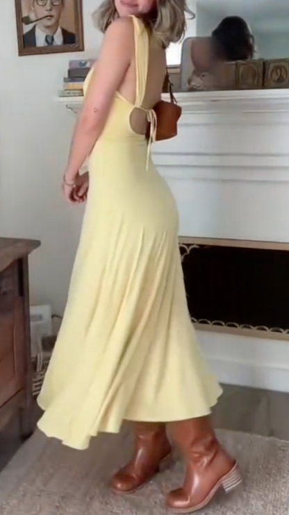 Yellow Sweetheart Neck Ruched Sleeveless Midi Dress