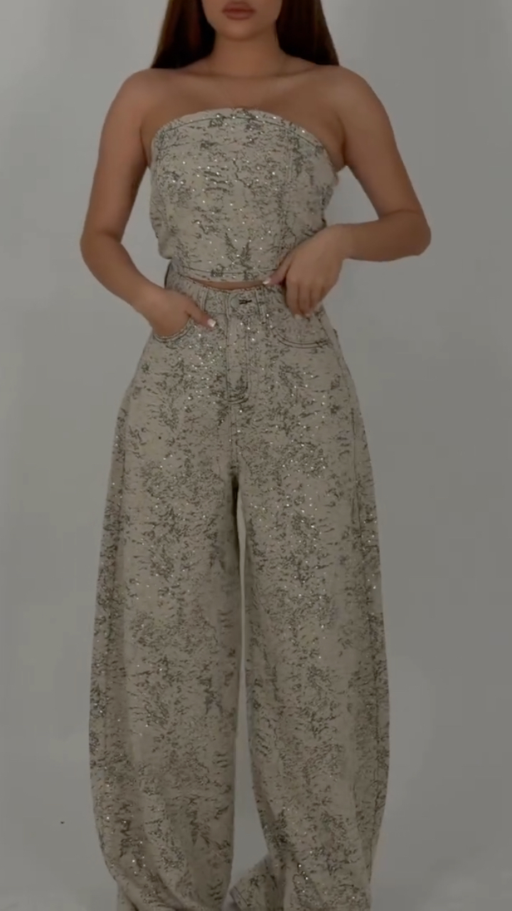 Vintage Sparkle Printed Denim Strapless Two Piece Set