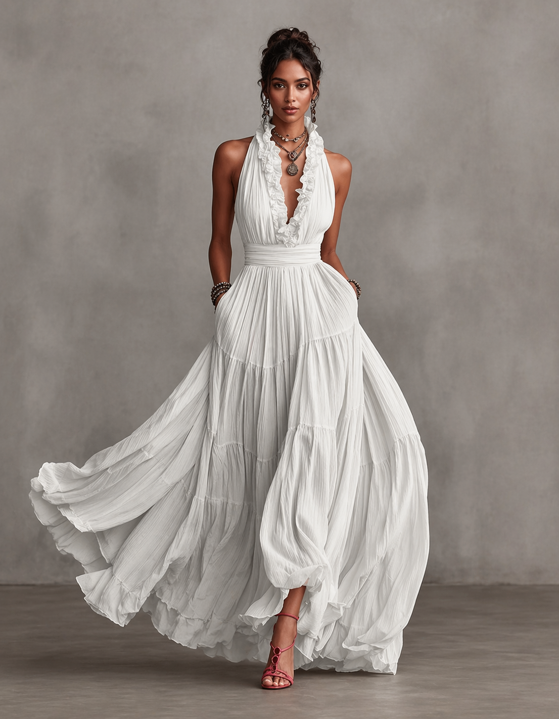 Ruffle Halter Pleated Flowy Maxi Dress