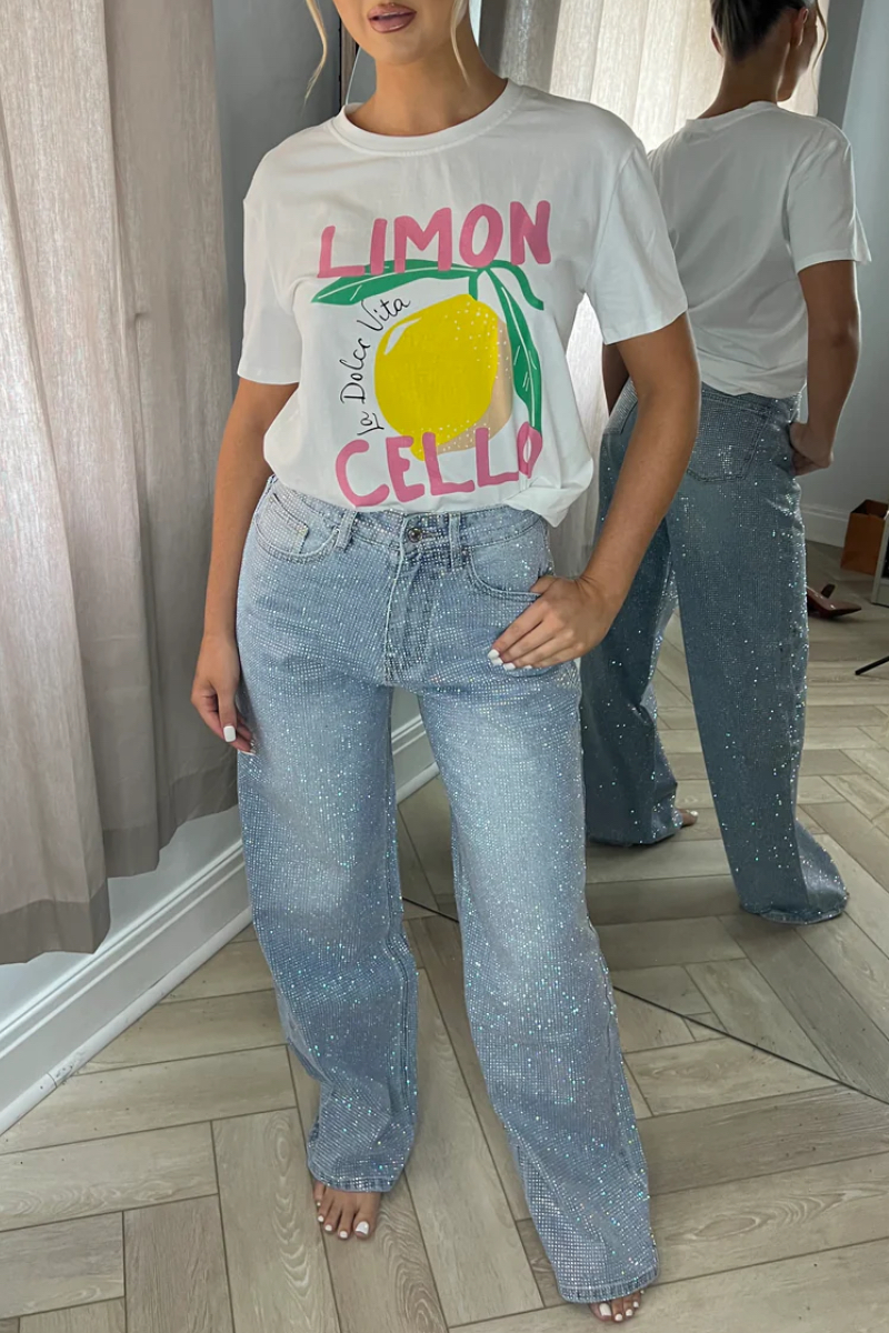 Rhinestone Embellished High Waist Wide Leg Straight Denim Jeans