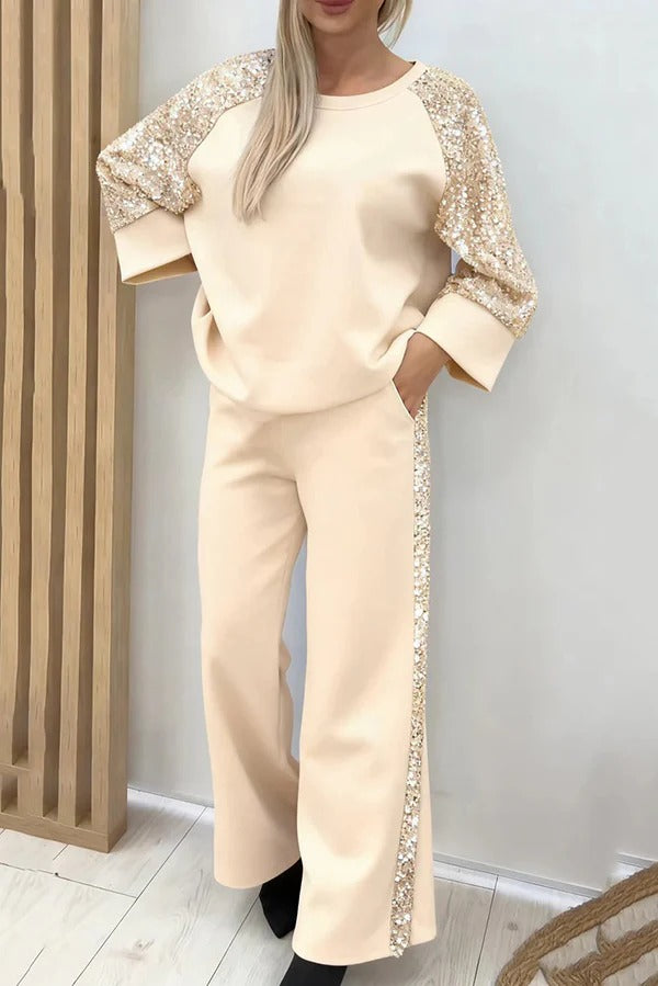Stylish Sequined Loose-fitting Crew Neck Top and Casual Pocket Wide-leg Pants Set