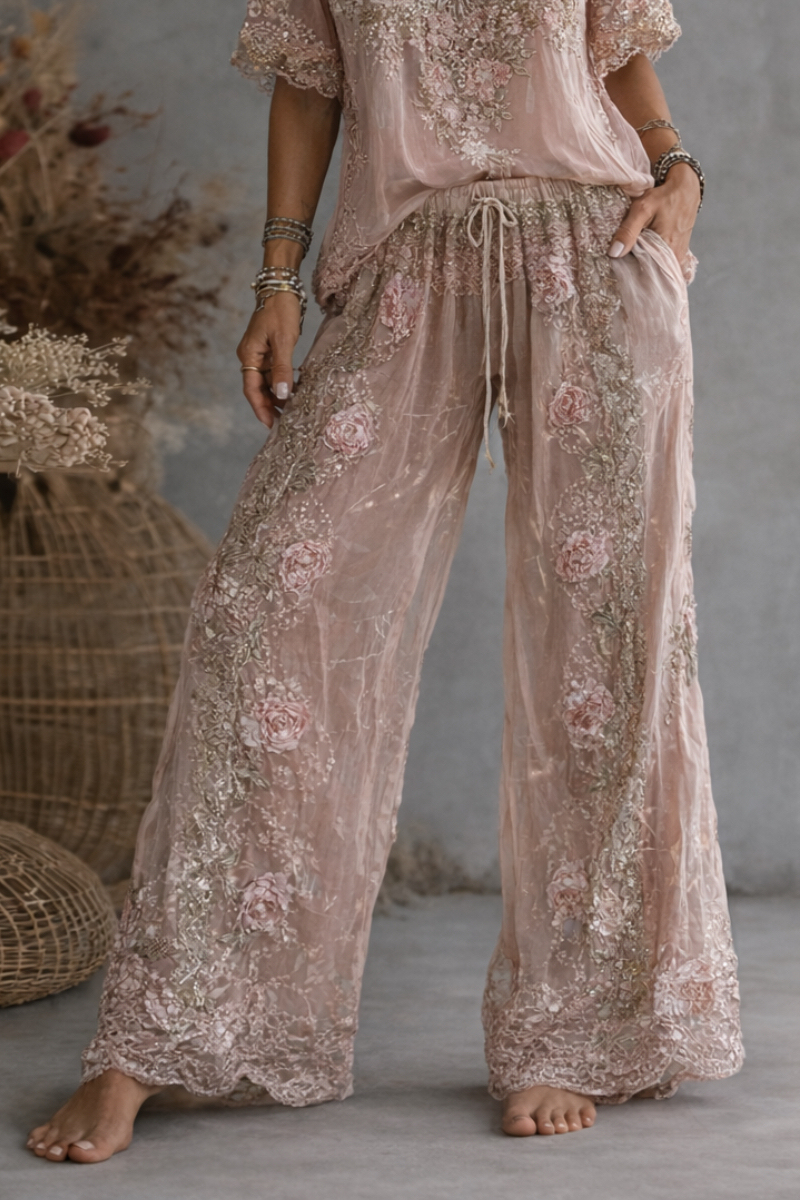 Floral Embroidered V-Neck Top High Waist Wide Leg Pants Two Piece Set