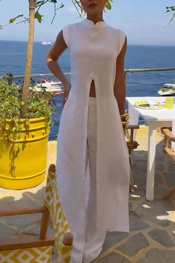 Elegant Resort Linen Blend Stand Neck Front Slit Midi Top and Elastic Waist Loose Pants Set
