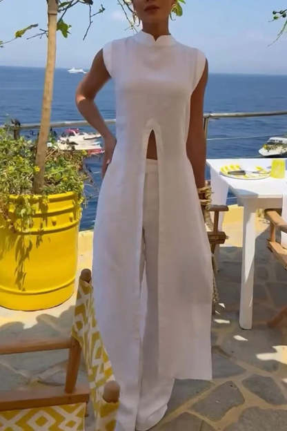 Elegant Resort Linen Blend Stand Neck Front Slit Midi Top and Elastic Waist Loose Pants Set
