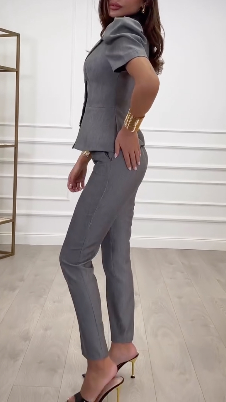 Grey Puff-Sleeve Tailored Suit