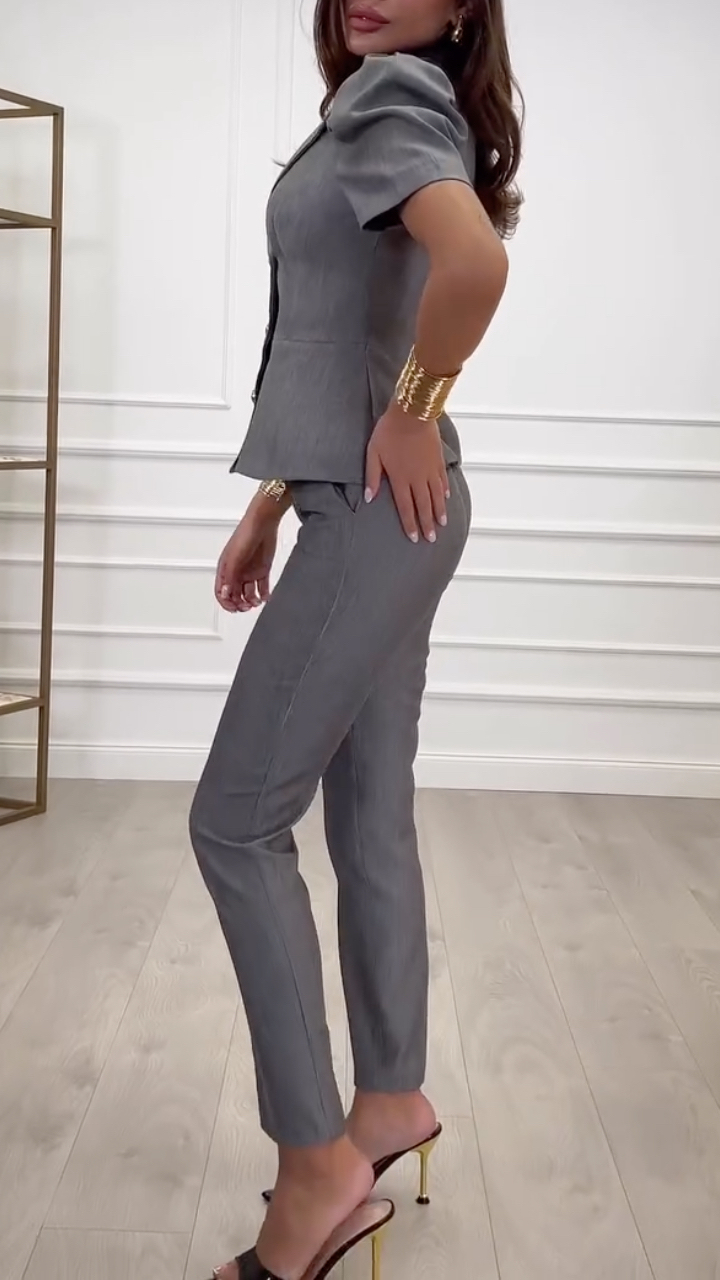 Grey Puff-Sleeve Tailored Suit