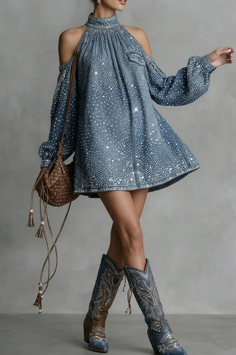 Rhinestone Embellished Denim Halter Neck Cold Shoulder Lantern Sleeve Mini Dress
