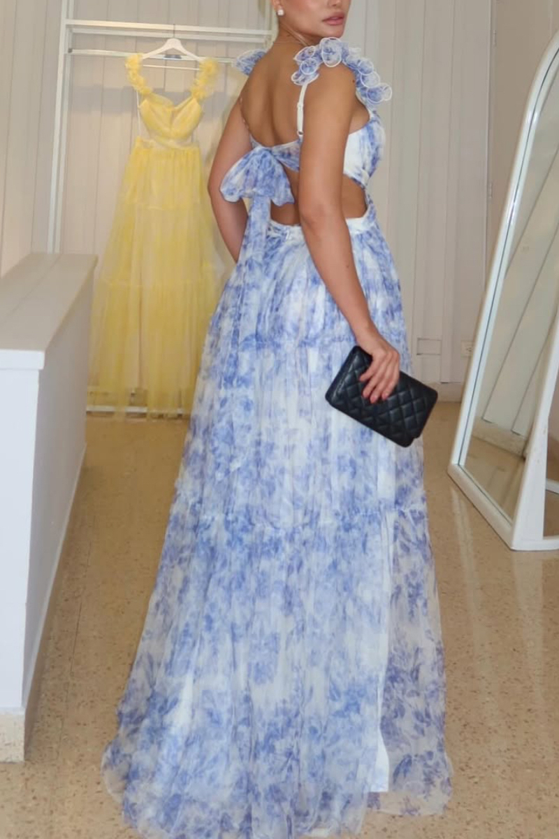 Women's V-Neck Cutout Tiered Tulle Maxi Dress With Flower Straps