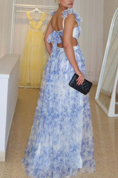 Women's V-Neck Cutout Tiered Tulle Maxi Dress With Flower Straps