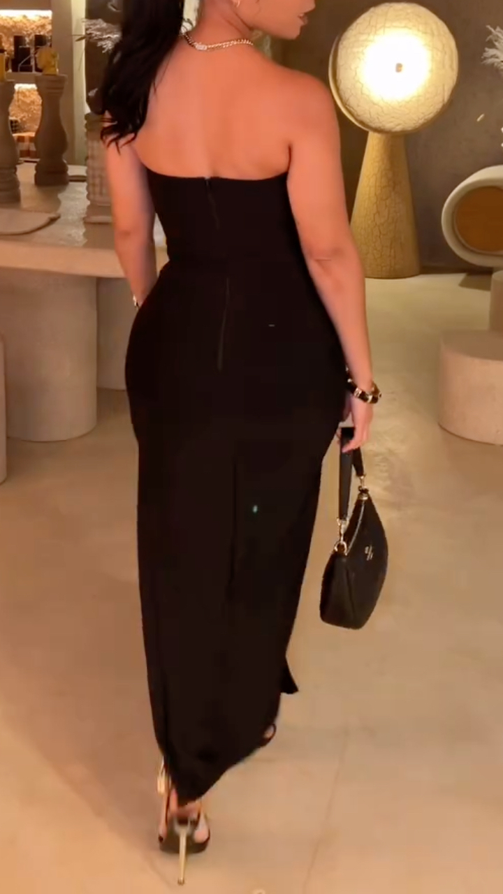 Black Strapless Gold Chain Cutout Maxi Dress