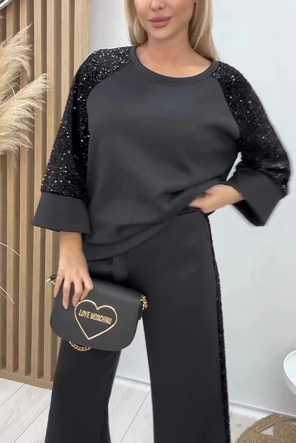 Stylish Sequined Loose-fitting Crew Neck Top and Casual Pocket Wide-leg Pants Set