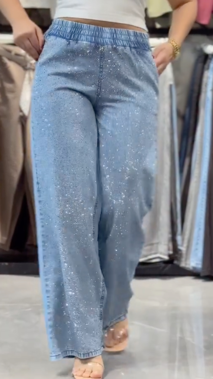 Elastic Waist Full Glitter Sparkle Loose Wide Leg Jeans
