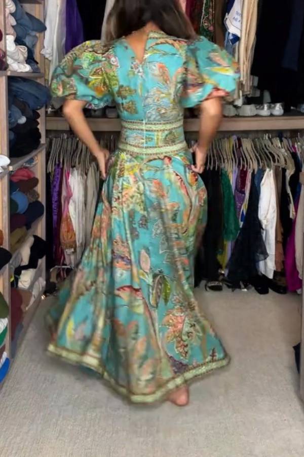 Retro V-neck Puff Sleeve Floral Print Midi Dress