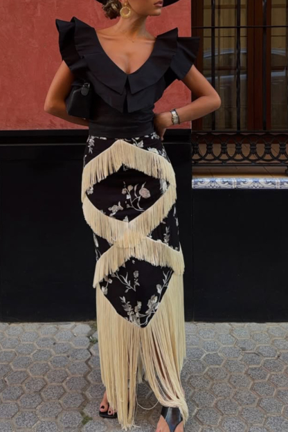 Black Ruffled Fringe Floral Maxi Dress